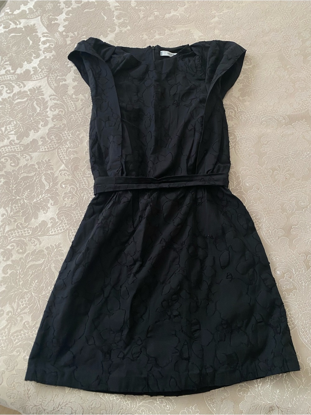 Mango Black Textured Cap Sleeve Mini Dress